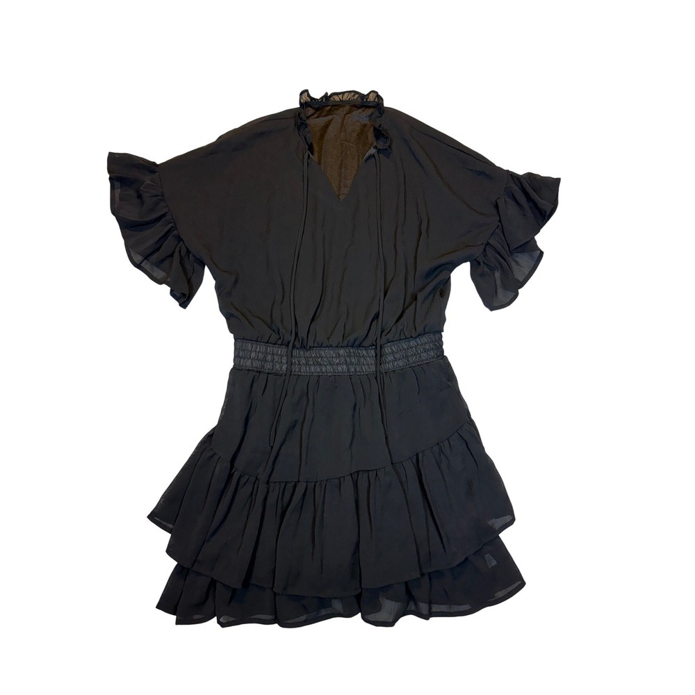 Womens Black Ruffle Tiered Mini Dress V-Neck Smocked Waist Flutter Sleeve Large